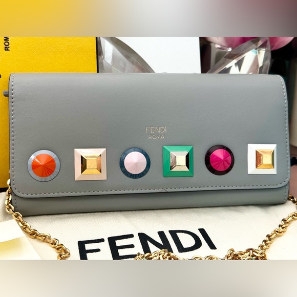 Fendi Grey Multi Stud Contential Chain Wallet - Picture 2 of 14
